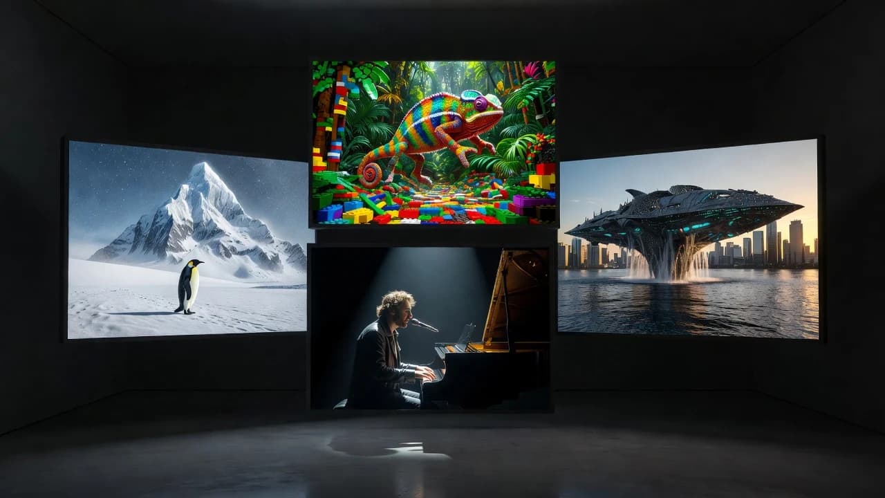 Floating cinematic frames of a penguin, chameleon, pianist and city spaceship — AI video models compared in VIBE