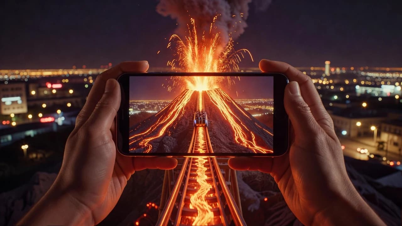 Hands holding a phone showing a cinematic volcano roller coaster AI video — VIBE AI Video Generator