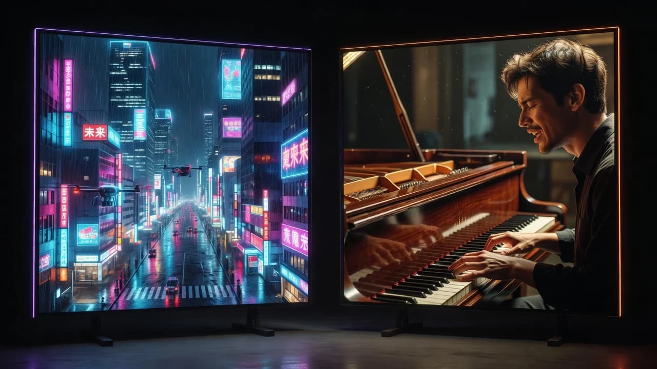 Two cinematic film plates: neon Tokyo rain and a piano performance — Sora 2 vs Veo 3.1 in VIBE