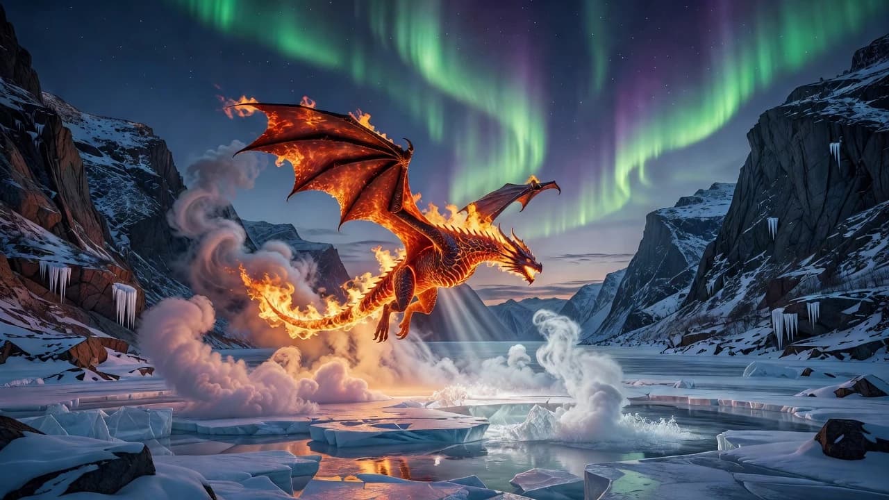 Cinematic still of a living-fire dragon over a frozen fjord with northern lights